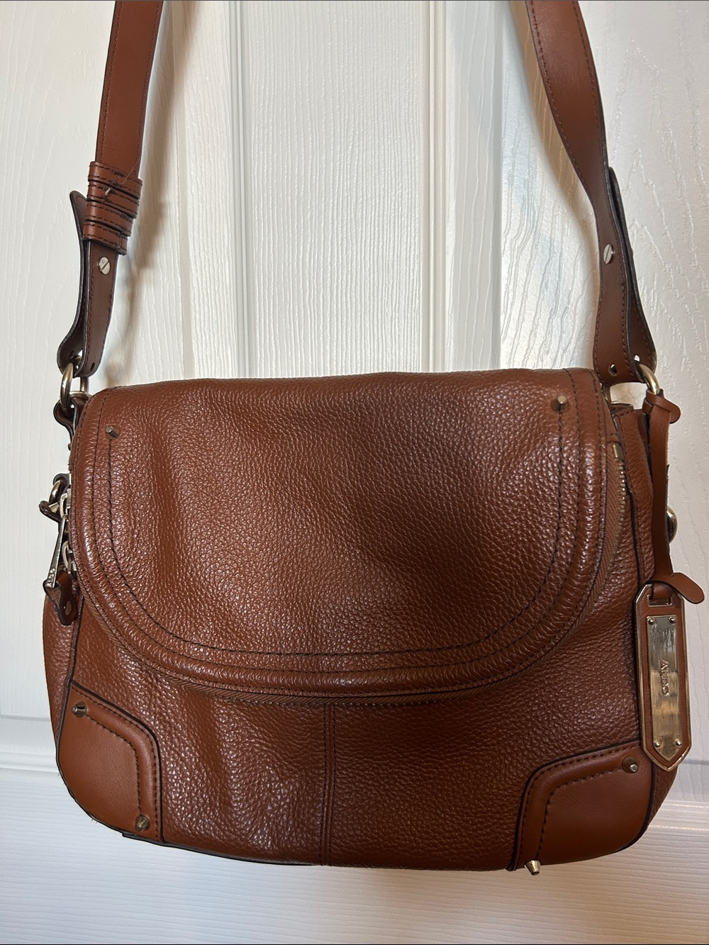 Aldo Chestnut Brown Pebbled Leather Crossbody Bag